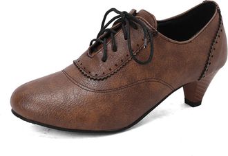 Generic Womens Mid Heel Casual Work Shoes Lace Up Vintage Brogues Round Toe PU Leather Dress Shoes,Brown,10.5 UK