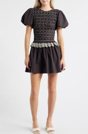 Damson Madder Audrey Smocked Puff Sleeve Organic Cotton Minidress in Black at Nordstrom Rack, Size 12 Us / 16 Uk