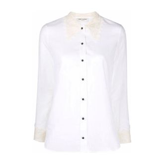 Saint Laurent Overhemd met kanten inzet - Dames - Blouses & Shirts - Wit - Maat: M Katoen