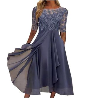 Generic Plus Size Dress For Women, Dresses For Women Uk Clearance Sexy Solid Half Sleeve Round Neck Lace Chiffon Mesh Waist Party Dresses Occasions Dresses Fa