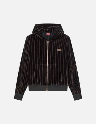 Kenzo Mens Leaf Stripe Velvet Full Zip Hoodie Black - Size: 38