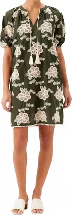 Karen Kane Puff Sleeve Tassel Dress In Olive And Natural