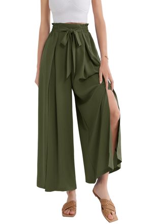 Grace Karin Ladies Casual Split Flowy Palazzo Pants with Pockets Ankle Wide Leg Pants Olive Green 2XL