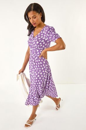 Roman Heart Print Ruched Midi Dress