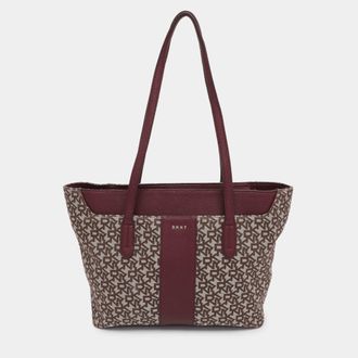 DKNY Dkny Beige/burgundy Canvas And Leather Tote