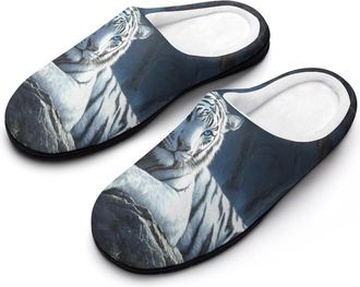 Generic White Tiger With Blue Eyes Mens Slippers Slip On Comfortable Fleece Cotton House Shoes Winter