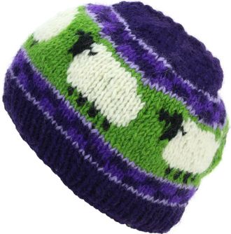 Loud Elephant Hand Knitted Wool Beanie Hat - Sheep Purple Green