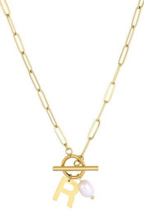 Adornia 18K Gold Plated Pearl & Initial Toggle Pendant Necklace in White/Gold-R at Nordstrom Rack