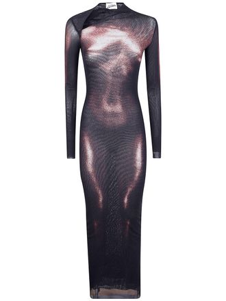 Jean Paul Gaultier Mesh Asymetric Collar Long Dress Printed Body Dust