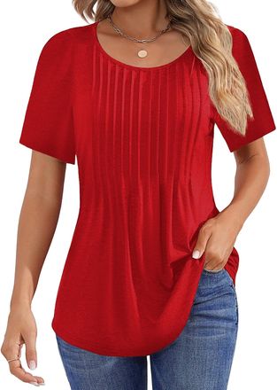 Generic Womens Casual Short Sleeve T-Shirts Crew Neck Summer Puff Short Sleeve Blouses Pleated Tunic Casual Tee Red