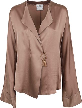 Forte_Forte Shiny Stretch Silk Satin Crossed Shirt