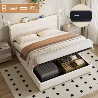Matteo King Upholstered Hydraulic Storage Bed - Charging & LED Light - Beige