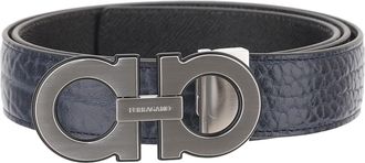 Ferragamo Navy Double Hook Reversible Leather Belt