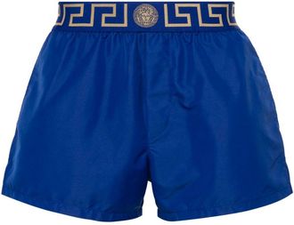 Versace Vibrant Blue Silk And Nylon Shorts With Greek Key Waistband