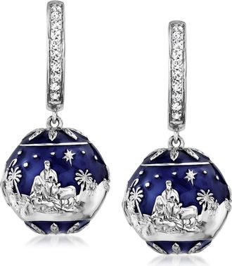 Ross-Simons Blue Enamel Nativity Hoop Drop Earrings With. White Topaz in Sterling Silver
