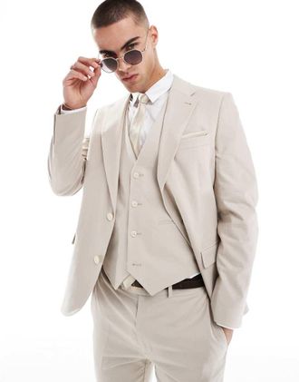 Asos linen blend skinny suit jacket in stone-Neutral