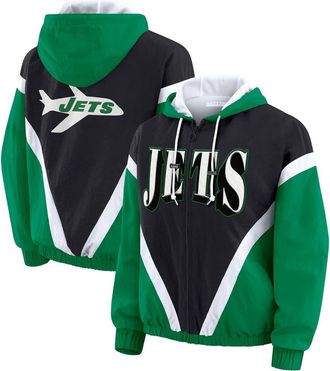WEAR by Erin Andrews Womens WEAR by Erin Andrews Kelly Green/Black New York Jets Retro Crinkle Full-Zip Hoodie Windbreaker at Nordstrom, Size Large