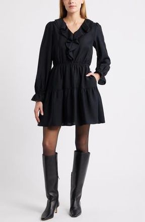 Caslon Ruffle Long Sleeve Tiered Minidress in Black at Nordstrom Rack, Size Xx-Small