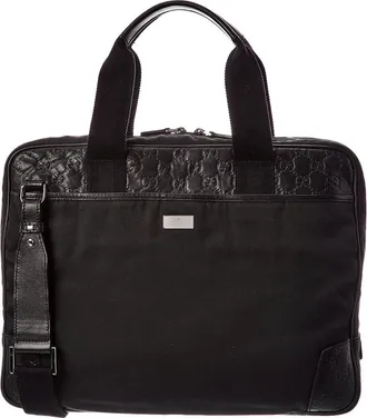 Gucci Black Calfskin Embossed & Canvas Briefcase (Authentic Pre-Loved)