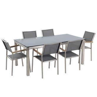 Beliani Conjunto De Comedor De Jard&iacute;n Gris Con Mesa 180 X 90 Cm De Vidrio Negro 6 Sillas Grosseto