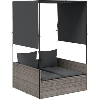 vidaXL Tumbona Doble Con Techo Y Cortinas Rat&aacute;n Sint&eacute;tico Gris Vidaxl