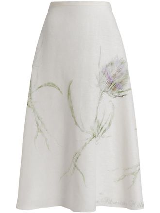 Alberta Ferretti Off-White Botanical Print Linen Midi Skirt