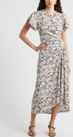 Nordstrom Split Sleeve Side Smocked Midi Dress in Ivory- Brown Textural at Nordstrom, Size Xx-Small