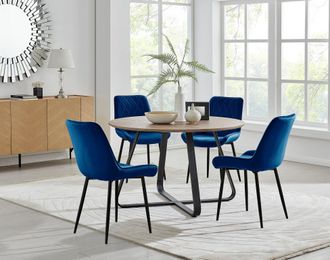 Furniturebox Santorini Brown Round Dining Table & 4 Pesaro Black Leg Chairs in Navy