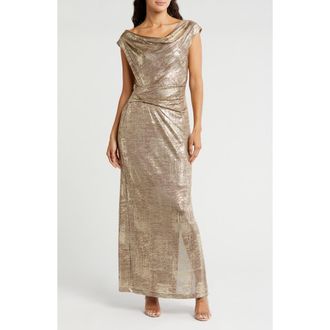 Connected Metallic Cowl Neck Sleeveless Gown in Flax at Nordstrom Rack, Size 12