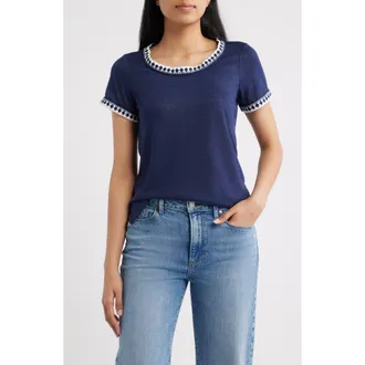 Bobeau Crochet Trim T-Shirt in Navy/white at Nordstrom, Size X-Large