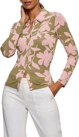 Sanctuary Dreamer Floral Knit Button-Up Shirt in Pink Silhouette at Nordstrom, Size Xx-Large