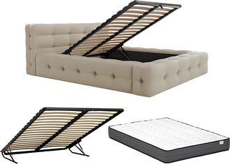 Vente-Unique Canap&eacute; abatible tapizado 140 x 190 cm - Tela jaspeada - Beige + Colch&oacute;n - LERUCO de Pascal Morabito