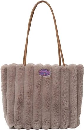 Generic Womens Plush Bags Casual Stripe Furry Tote Bag Portable Large Capacity Plush Shoulder Magnetic Button Solid Color Commuting Handbag Women(Coffee)