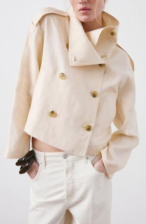 Mango Funnel Neck Linen Jacket in Ecru at Nordstrom, Size Xx-Small