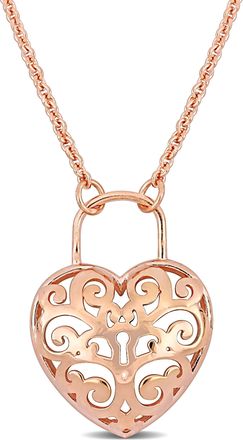 Mimi & Max Pink Heart Lock Charm Pendant w/ Chain in 18k Rose Gold Plated Silver - 16+3 in