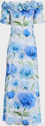 Sachin & Babi Valentina Off-Shoulder Floral Chiffon Gown