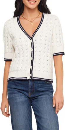 Karen Kane Pointelle Cotton Blend Short Sleeve Cardigan in Off White at Nordstrom, Size X-Large
