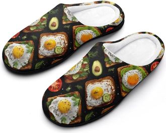 Generic Breakfast Toasts with Eggs Mens House Slippers Memory Foam Washable Cotton Slip on Home Shoes