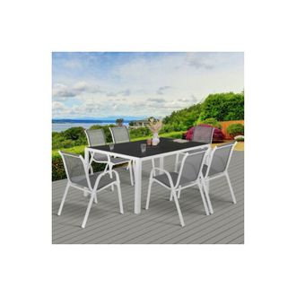IDMarket Conjunto De Muebles De Jard&iacute;n Madrid Mesa 150 Cm Y 6 Sillas Apilables Blanco Y Gris