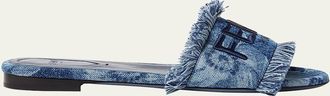 Fendi Sunshine Floral Denim Frayed Slide Sandals