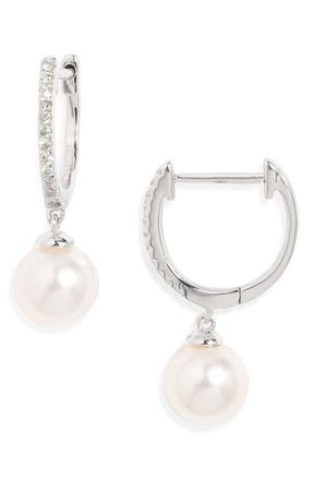 Nordstrom Diamond & Akoya Pearl Hoop Earrings in White- 14K White Gold at Nordstrom, Size 7 Mm
