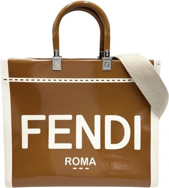 Fendi Brown Ivory Canvas Patent Leather Handbag Shoulder Bag Tote Bag (Pre-Owned)