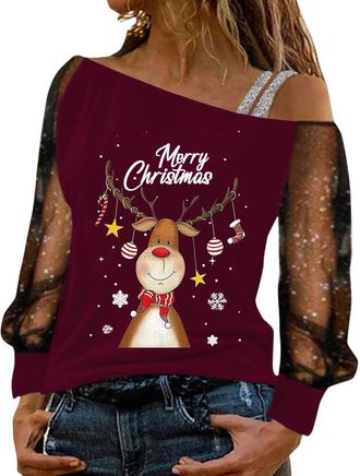 Generic Womens Christmas Jumpers Xmas Tree Snowman Print Ladies Off The Shoulder Tops Funny Christmas Jumpers for Women Sparkly Tops UK Boho Sweatshirt Xmas P