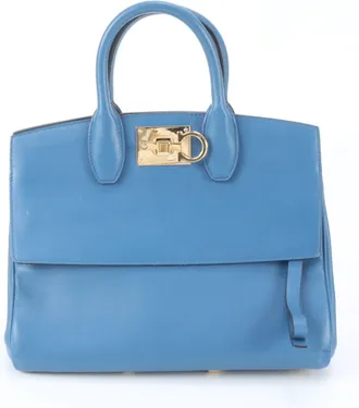 Ferragamo Gancini Blue Leather Handbag Tote Bag (Pre-Owned)
