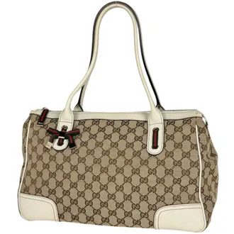 Gucci Gg Canvas Beige White Gg Canvas Leather Tote Bag (Pre-Owned)