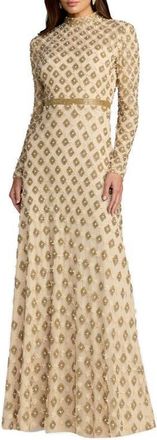 Mac Duggal Mock Neck Long Sleeve Embellished A-Line Gown in Champagne Gold at Nordstrom, Size 14