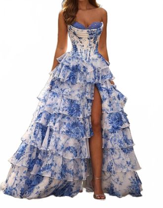 Sherri Hill Strapless Satin Corset Ball Gown In Ivory Blue