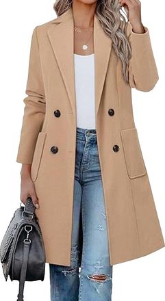 Generic Women Winter Coats Women Winter Wool Blend Camel Mid-Long Coat Notch Double-Breasted Lapel Jacket Outwear