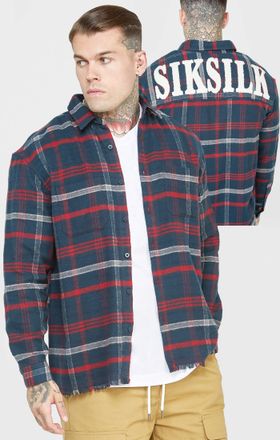 Siksilk Camisa de cuadros con logo y toalla en manga larga azul marino para hombre SikSilk S