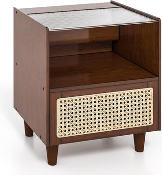 Costway Costway - Mesitas De Noche De Rat&aacute;n, 2 Estantes Y 1 Caj&oacute;n, Mesa Auxiliar Boho Con Caj&oacute;n Y Patas De Madera Maciza, Mesitas De Noche Dormitorio, 43 X 35